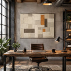 Wabi-Sabi abstract oil painting showing layered abstract marks, texture and expressive painterly movement in a beige palette.