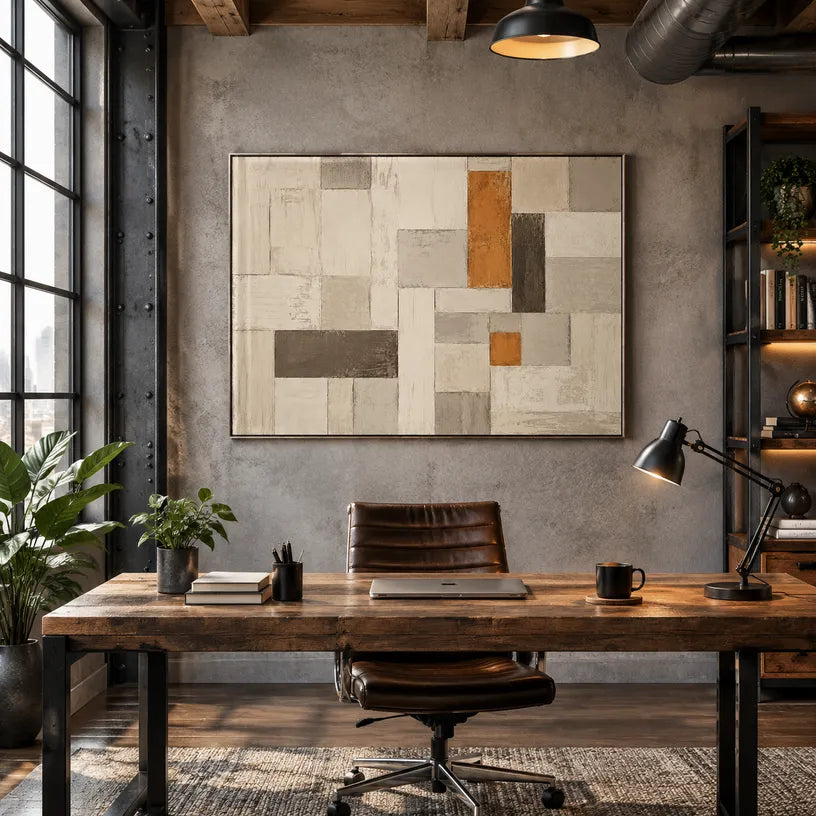 Wabi-Sabi abstract oil painting showing layered abstract marks, texture and expressive painterly movement in a beige palette.