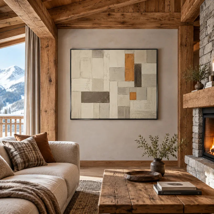 Wabi-Sabi abstract oil painting showing layered abstract marks, texture and expressive painterly movement in a beige palette.