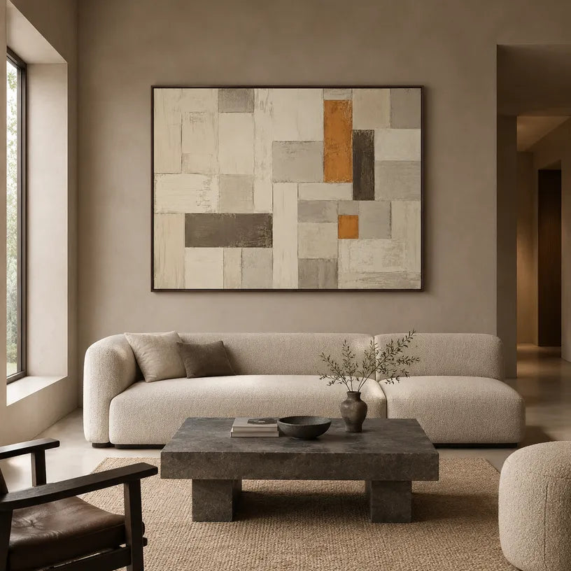 Wabi-Sabi abstract oil painting showing layered abstract marks, texture and expressive painterly movement in a beige palette.