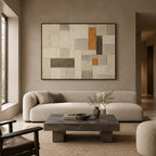 Wabi-Sabi abstract oil painting showing layered abstract marks, texture and expressive painterly movement in a beige palette.