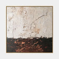 Peinture à l'huile abstraite et conceptuelle Wabi-Sabi présentant des marques abstraites superposées, une texture et un mouvement pictural expressif dans une palette beige.