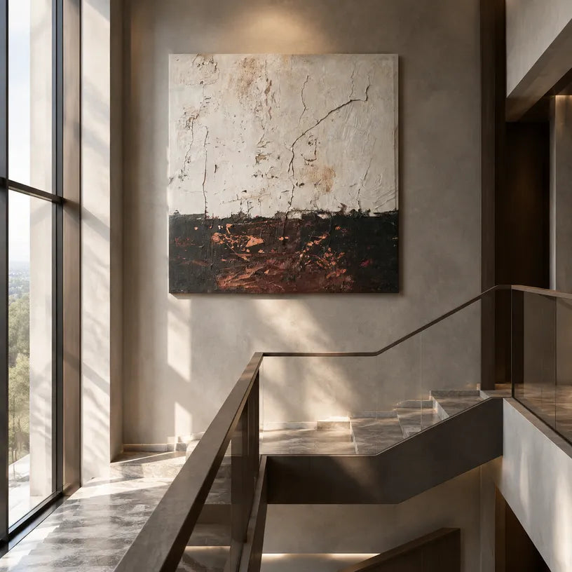 Wabi-Sabi abstract oil painting showing layered abstract marks, texture and expressive painterly movement.