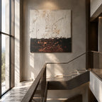 Wabi-Sabi abstract oil painting showing layered abstract marks, texture and expressive painterly movement.
