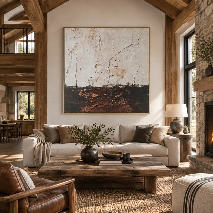 Pittura a olio astratta e concettuale Wabi-Sabi con segni astratti stratificati, consistenza e movimento pittorico espressivo in una tavolozza beige.