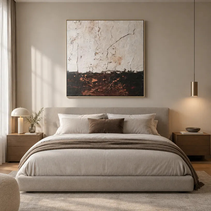 Wabi-Sabi abstract oil painting showing layered abstract marks, texture and expressive painterly movement.