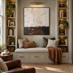 Wabi-Sabi abstract oil painting showing layered abstract marks, texture and expressive painterly movement.