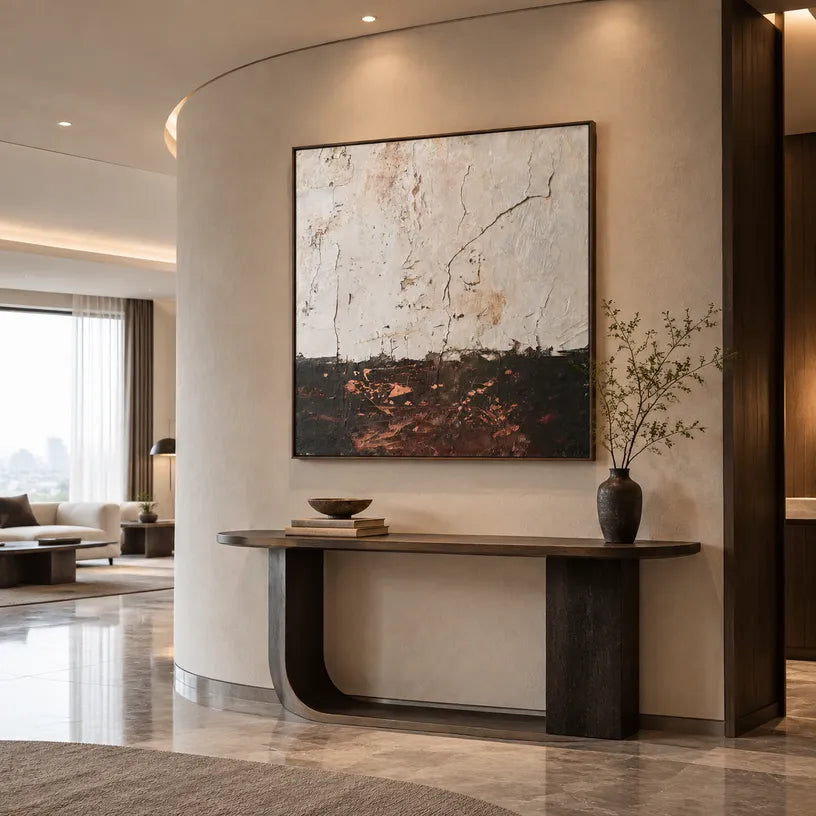 Wabi-Sabi abstract oil painting showing layered abstract marks, texture and expressive painterly movement.