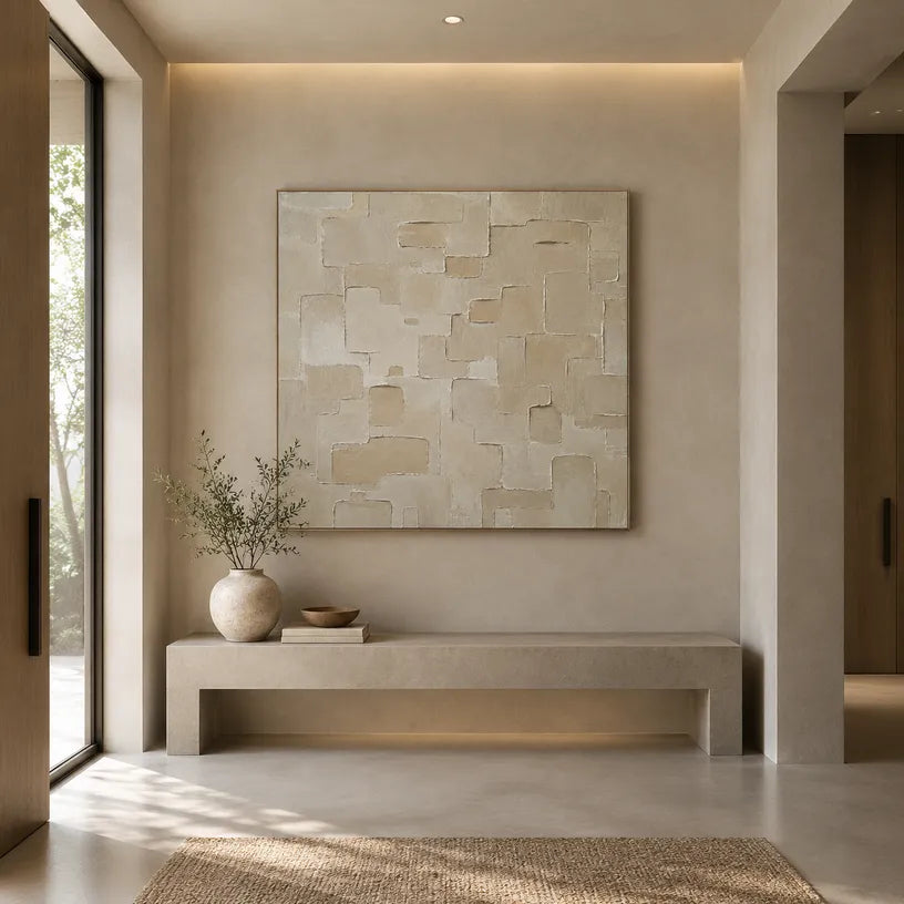 Wabi-Sabi abstract oil painting showing layered abstract marks, texture and expressive painterly movement in a brown palette.