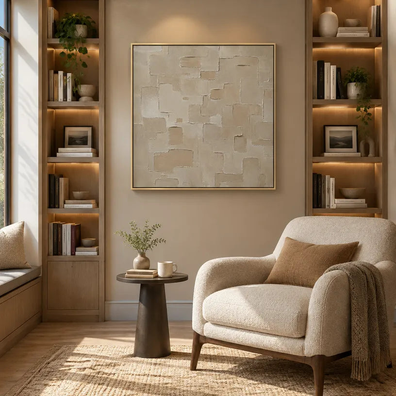 Wabi-Sabi abstract oil painting showing layered abstract marks, texture and expressive painterly movement in a brown palette.