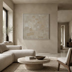Wabi-Sabi abstract oil painting showing layered abstract marks, texture and expressive painterly movement in a brown palette.