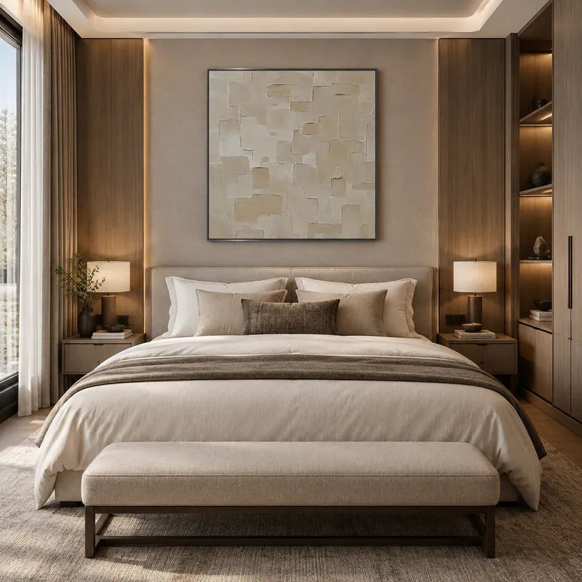 Wabi-Sabi abstract oil painting showing layered abstract marks, texture and expressive painterly movement in a brown palette.