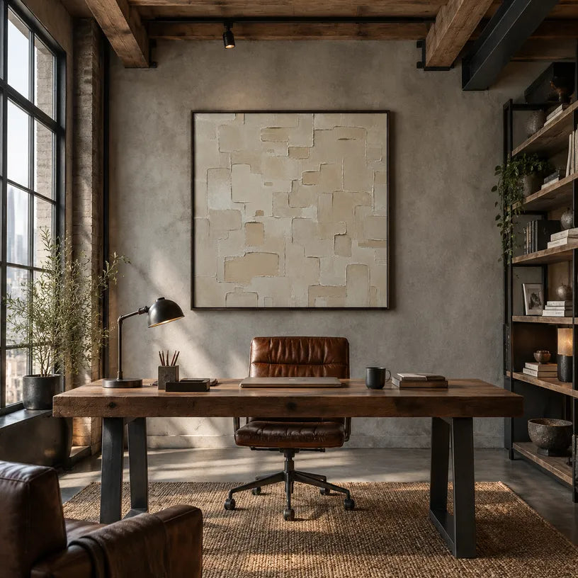 Wabi-Sabi abstract oil painting showing layered abstract marks, texture and expressive painterly movement in a brown palette.