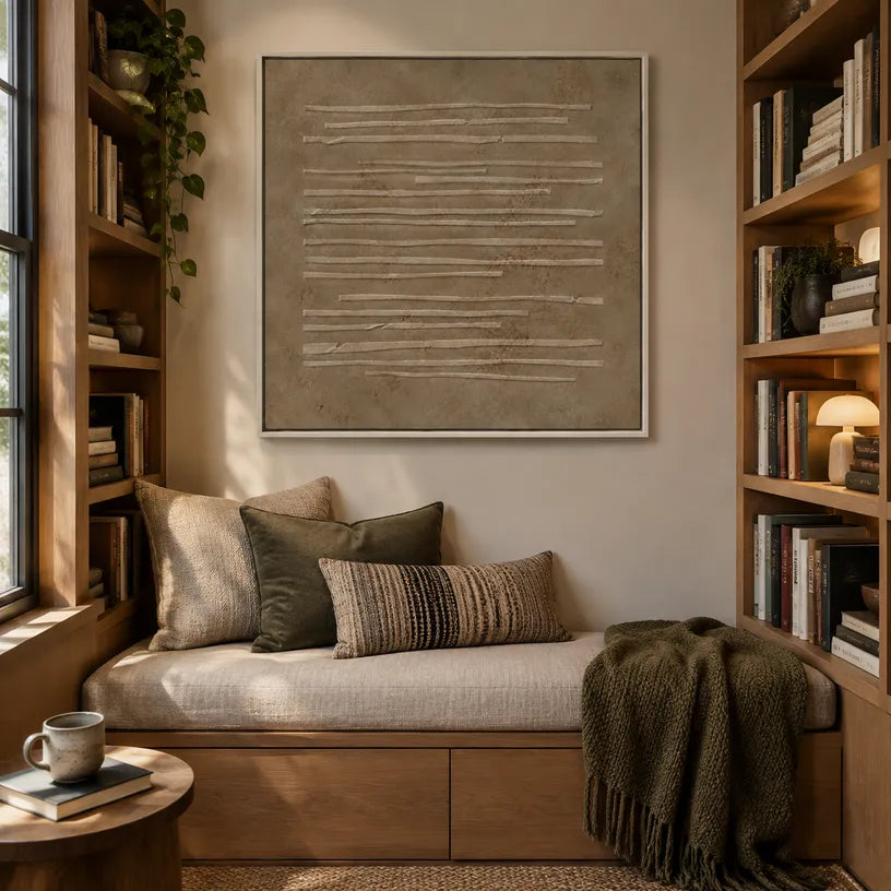 Wabi-Sabi abstract oil painting showing layered abstract marks, texture and expressive painterly movement in a brown palette.