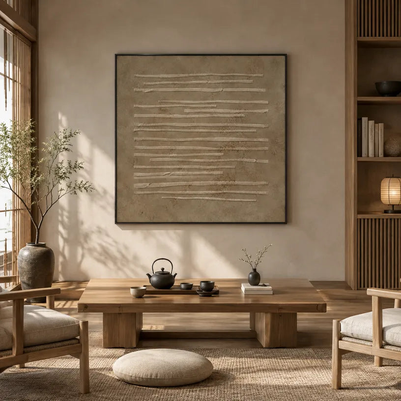 Wabi-Sabi abstract oil painting showing layered abstract marks, texture and expressive painterly movement in a brown palette.