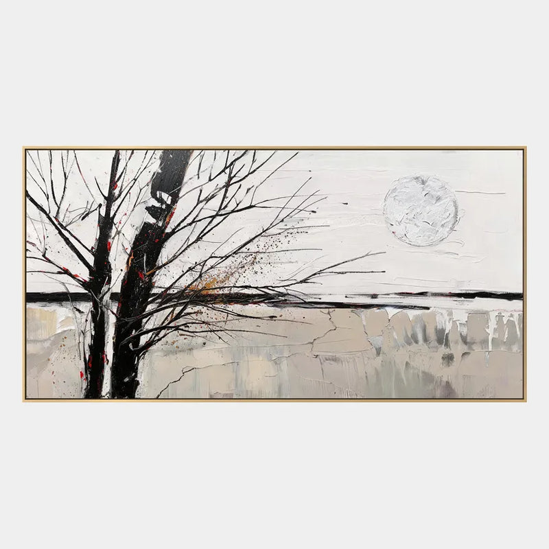 Wabi-Sabi-Ölgemälde „Landschaften, Seestücke und Stadtansichten“ mit einer stimmungsvollen Landschafts-, Seestücks- oder Stadtkomposition in einer Schwarz-Weiß-Palette.
