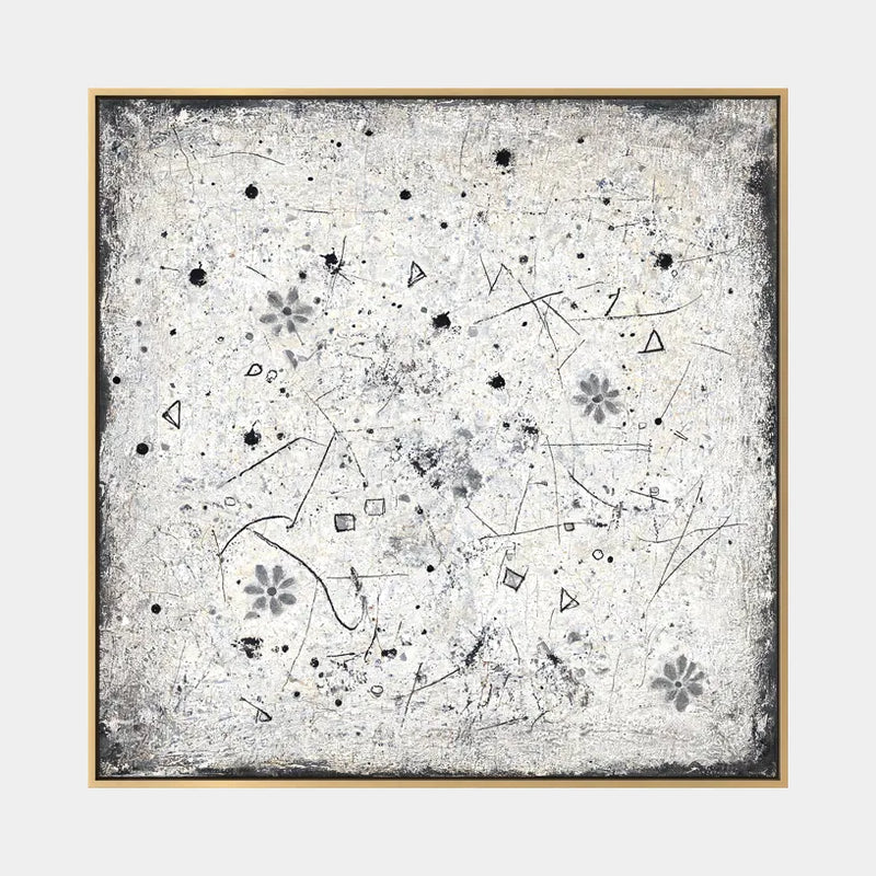 Pittura a olio astratta e concettuale Wabi-Sabi con segni astratti stratificati, consistenza e movimento pittorico espressivo in una tavolozza beige.