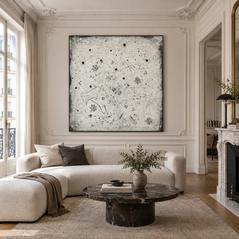 Wabi-Sabi abstract oil painting showing layered abstract marks, texture and expressive painterly movement.