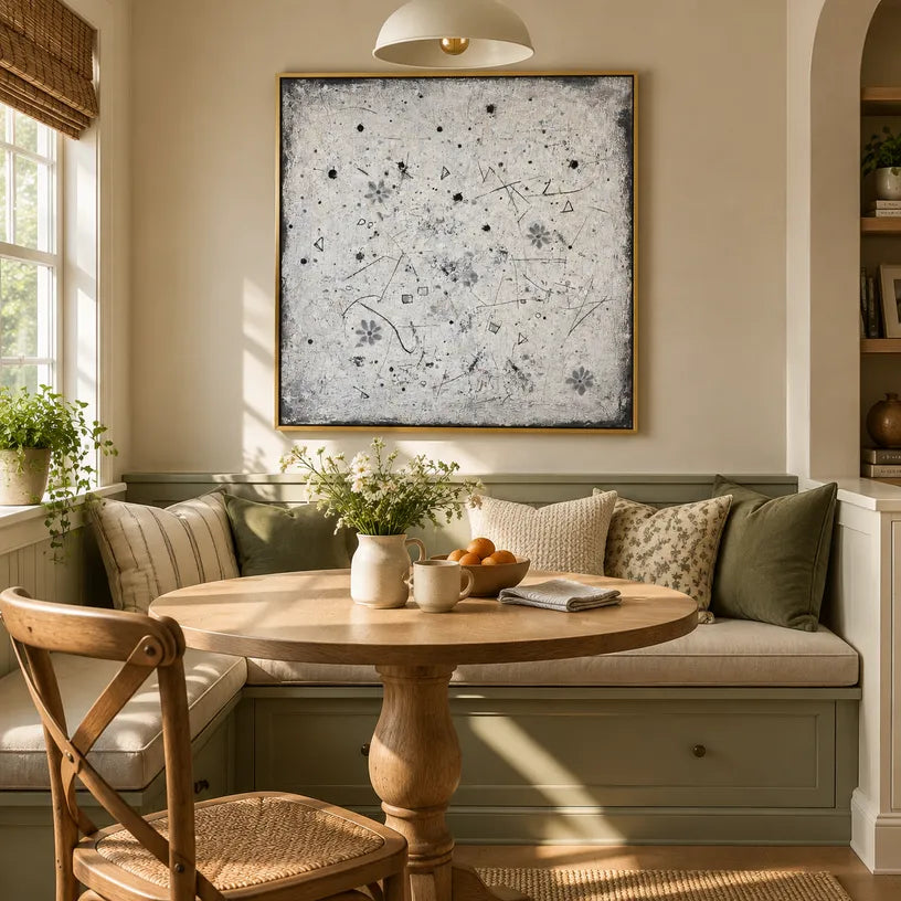 Wabi-Sabi abstract oil painting showing layered abstract marks, texture and expressive painterly movement.