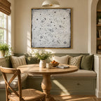 Wabi-Sabi abstract oil painting showing layered abstract marks, texture and expressive painterly movement.