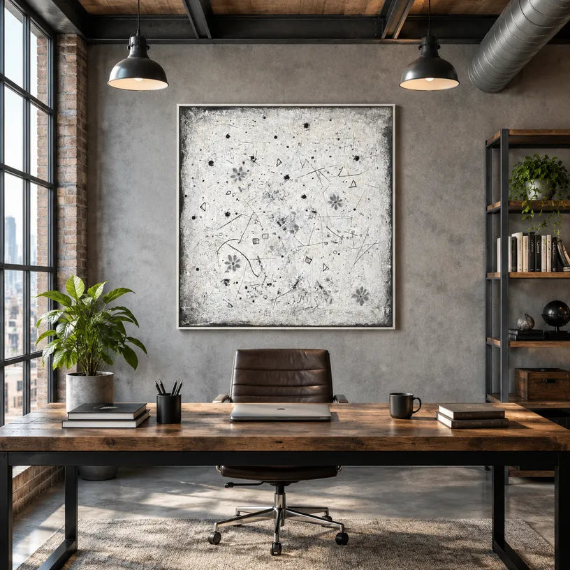 Wabi-Sabi abstract oil painting showing layered abstract marks, texture and expressive painterly movement.