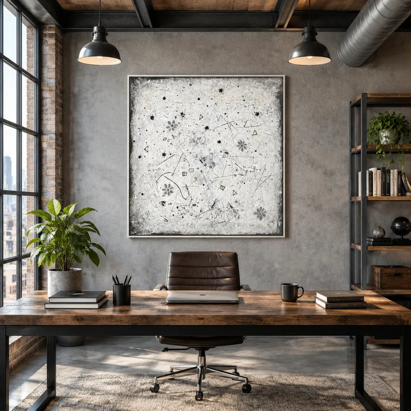 Pittura a olio astratta e concettuale Wabi-Sabi con segni astratti stratificati, consistenza e movimento pittorico espressivo in una tavolozza beige.