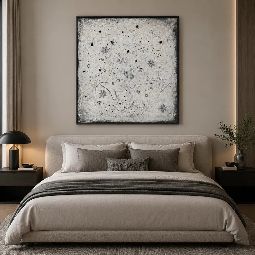 Wabi-Sabi abstract oil painting showing layered abstract marks, texture and expressive painterly movement.