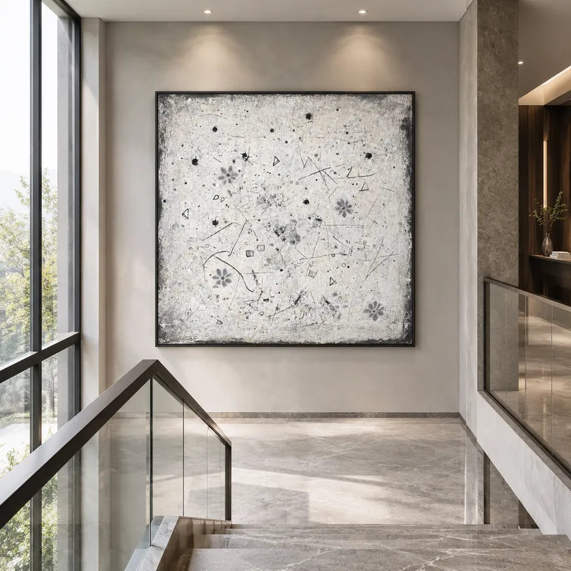 Wabi-Sabi abstract oil painting showing layered abstract marks, texture and expressive painterly movement.