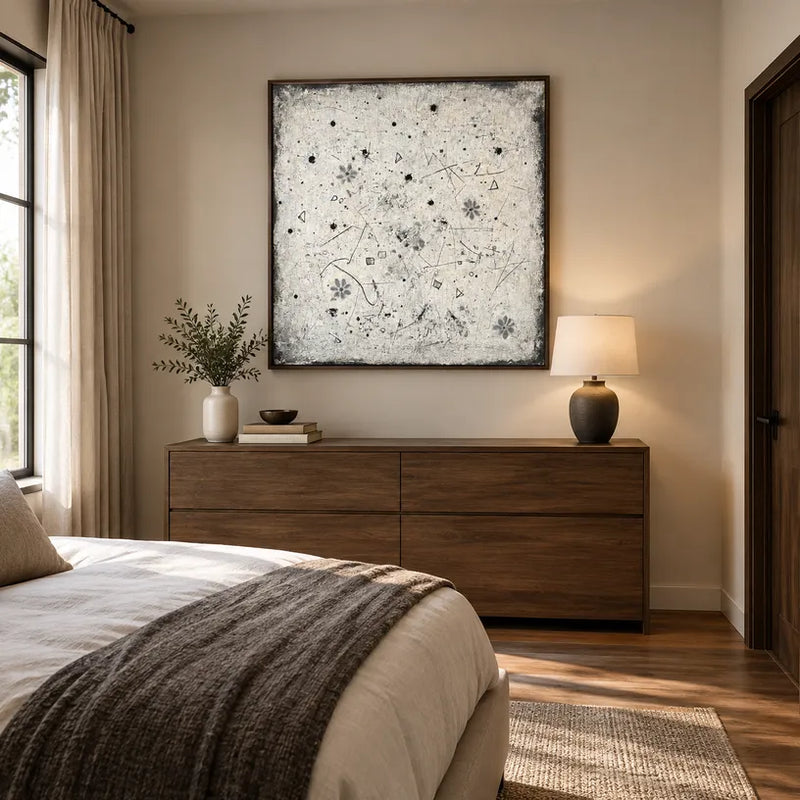 Pittura a olio astratta e concettuale Wabi-Sabi con segni astratti stratificati, consistenza e movimento pittorico espressivo in una tavolozza beige.