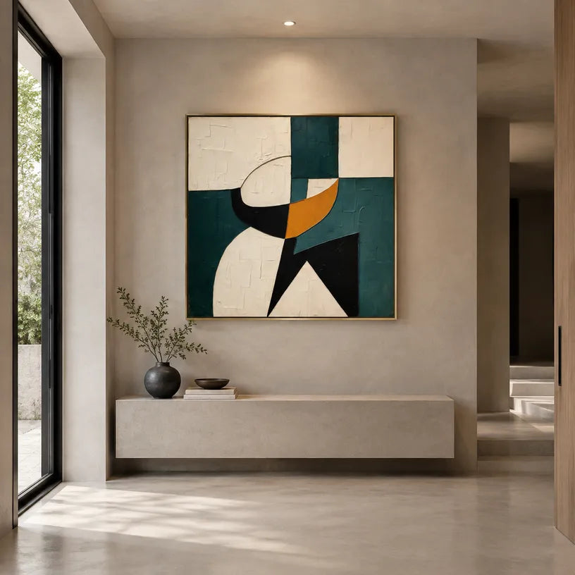 Wabi-Sabi abstract oil painting showing layered abstract marks, texture and expressive painterly movement in a beige palette.