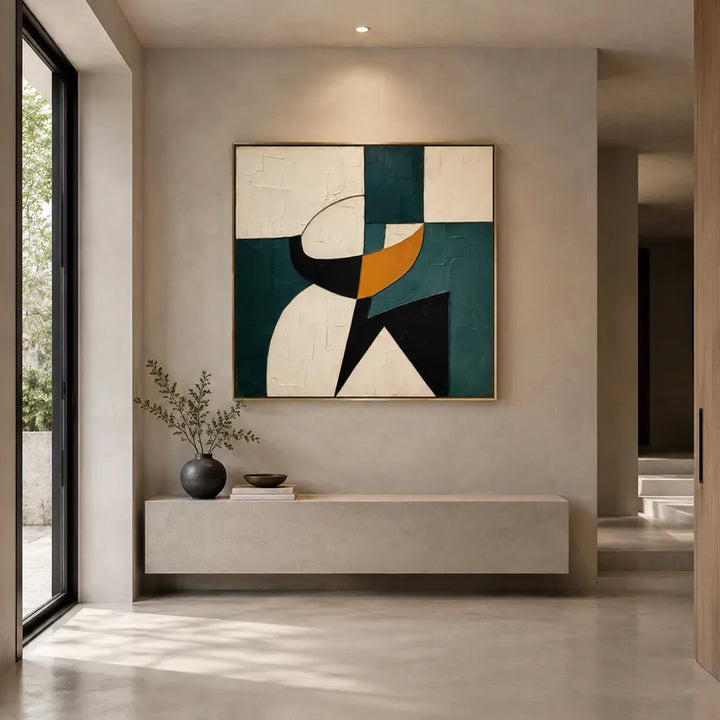 Pittura a olio astratta e concettuale Wabi-Sabi con segni astratti stratificati, consistenza e movimento pittorico espressivo in una tavolozza verde.