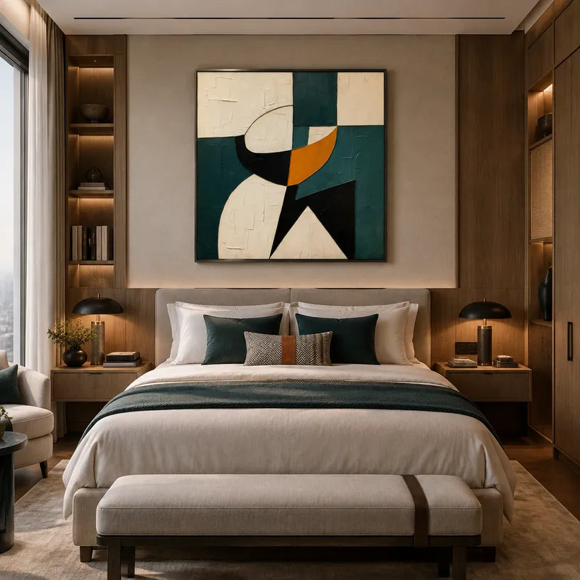 Wabi-Sabi abstract oil painting showing layered abstract marks, texture and expressive painterly movement in a beige palette.