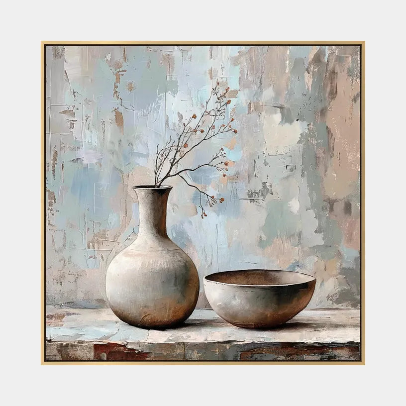 Wabi-Sabi abstract oil painting showing layered abstract marks, texture and expressive painterly movement in a grey palette.