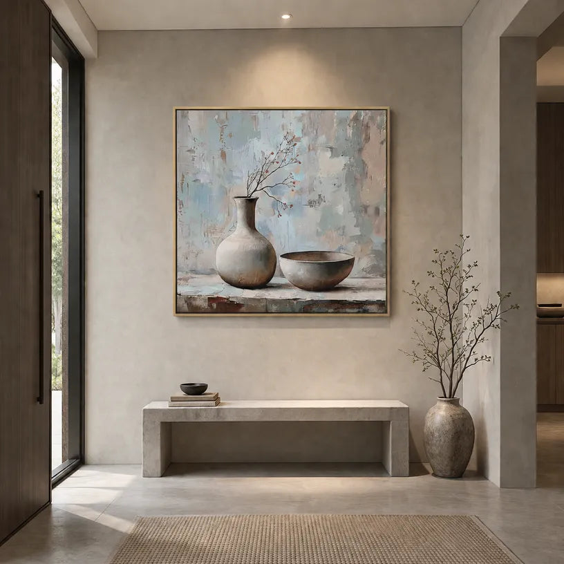 Wabi-Sabi abstract oil painting showing layered abstract marks, texture and expressive painterly movement in a grey palette.