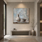 Wabi-Sabi abstract oil painting showing layered abstract marks, texture and expressive painterly movement in a grey palette.