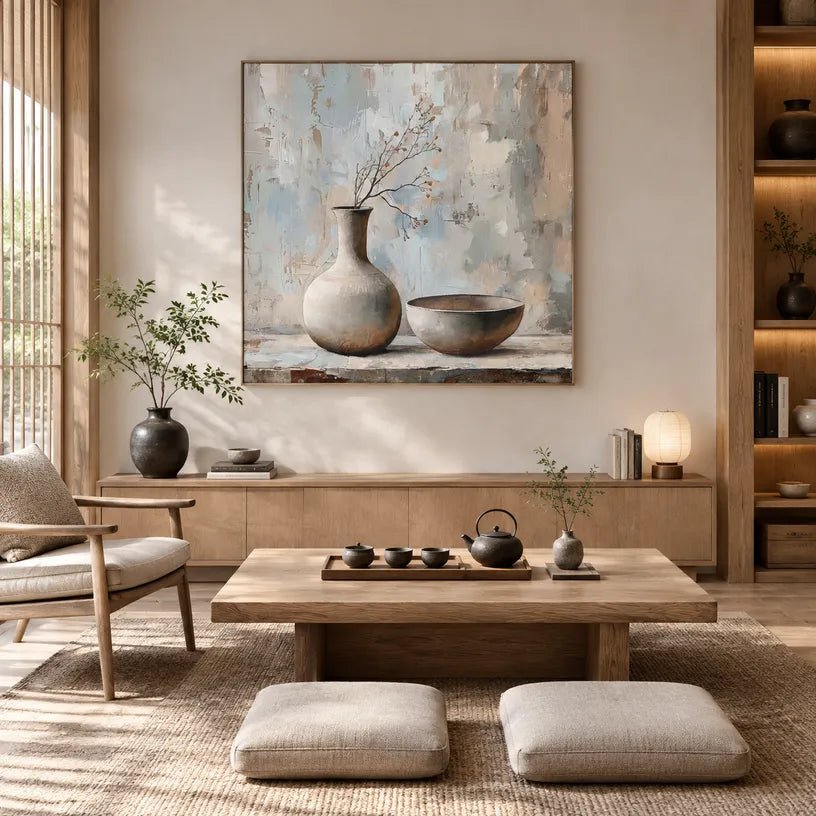 Wabi-Sabi abstract oil painting showing layered abstract marks, texture and expressive painterly movement in a grey palette.