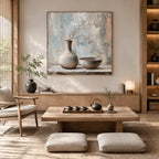 Wabi-Sabi abstract oil painting showing layered abstract marks, texture and expressive painterly movement in a grey palette.