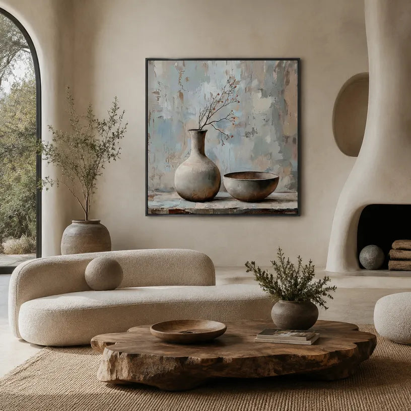 Wabi-Sabi abstract oil painting showing layered abstract marks, texture and expressive painterly movement in a grey palette.