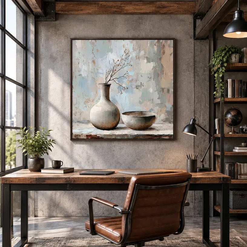 Wabi-Sabi abstract oil painting showing layered abstract marks, texture and expressive painterly movement in a grey palette.