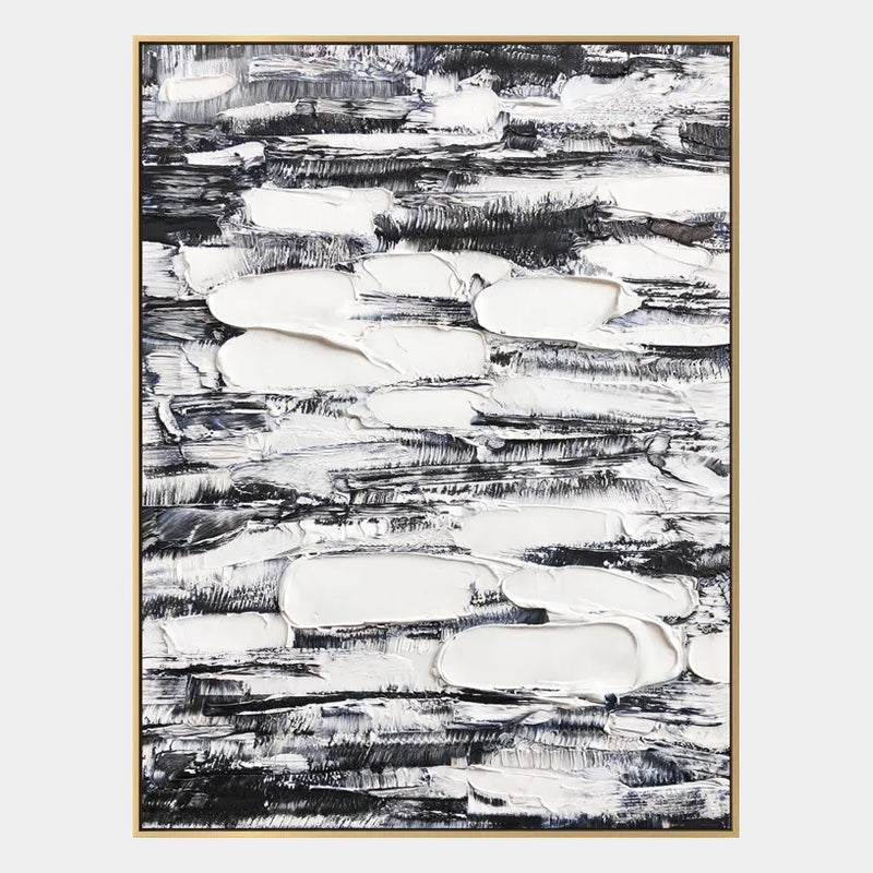 Pittura a olio astratta e concettuale Wabi-Sabi con segni astratti stratificati, consistenza e movimento pittorico espressivo in una tavolozza in bianco e nero.