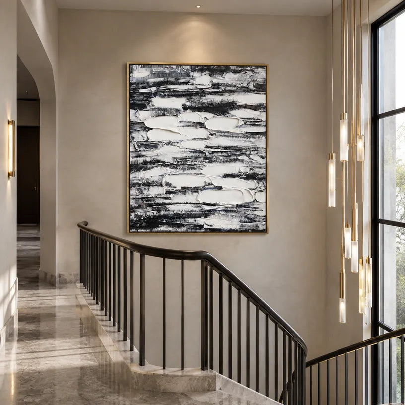 Wabi-Sabi abstract oil painting showing layered abstract marks, texture and expressive painterly movement in a grey palette.