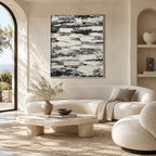 Wabi-Sabi abstract oil painting showing layered abstract marks, texture and expressive painterly movement in a grey palette.