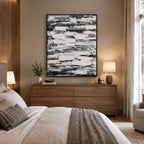 Wabi-Sabi abstract oil painting showing layered abstract marks, texture and expressive painterly movement in a grey palette.