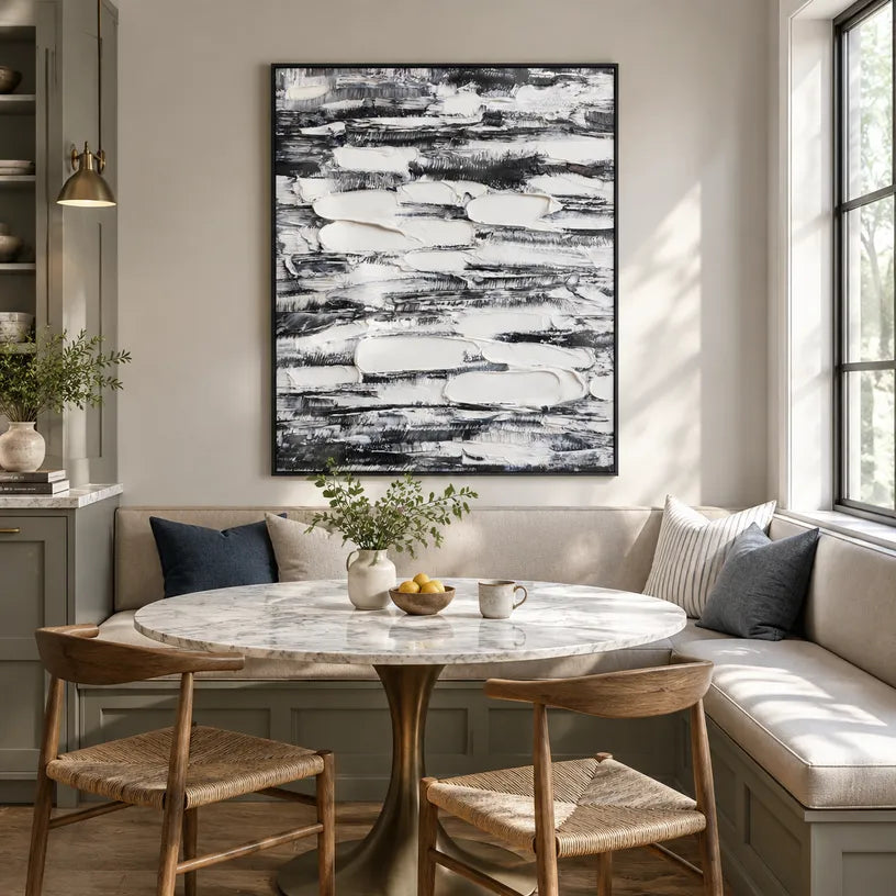 Wabi-Sabi abstract oil painting showing layered abstract marks, texture and expressive painterly movement in a grey palette.