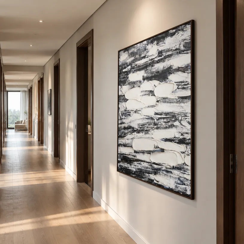Wabi-Sabi abstract oil painting showing layered abstract marks, texture and expressive painterly movement in a grey palette.