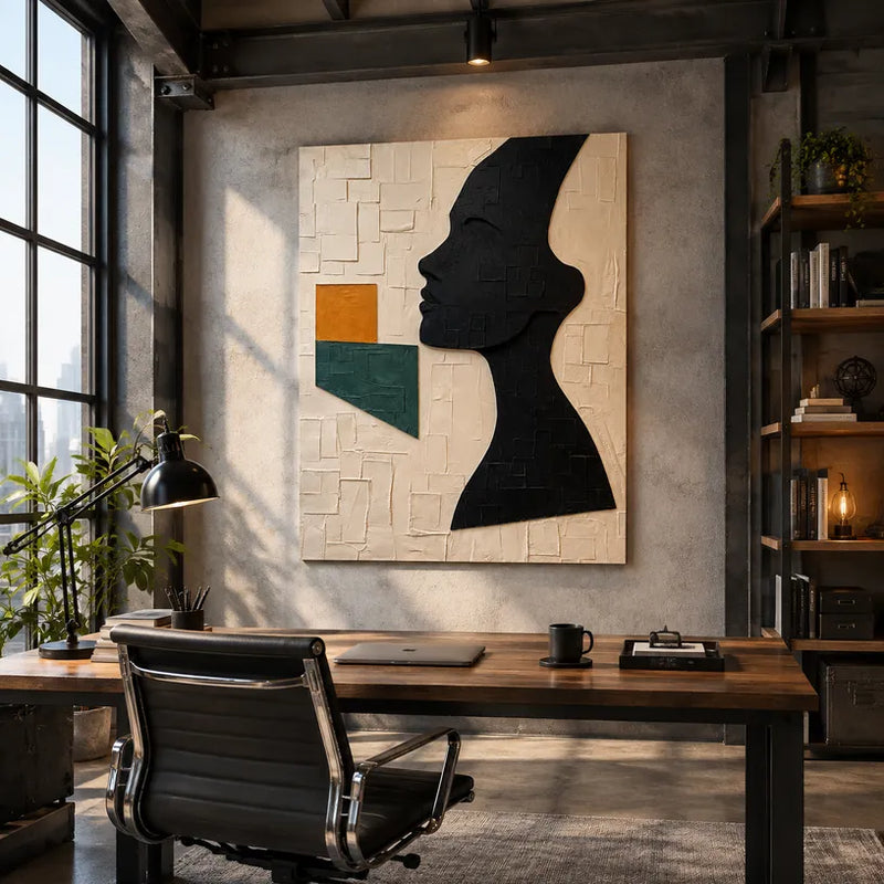 Peinture à l'huile de portraits et de figures Wabi-Sabi représentant une figure ou un portrait expressif rendu avec des détails picturaux dans une palette beige.