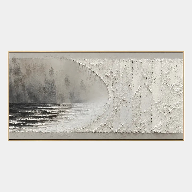 Peinture à l'huile de paysages, de marines et de paysages urbains Wabi-Sabi présentant un paysage atmosphérique, un paysage marin ou une composition inspirée de la ville dans une palette de gris.