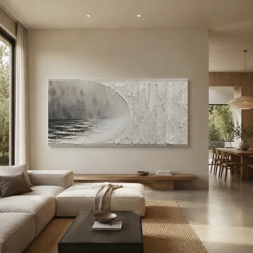 Wabi-Sabi abstract oil painting showing layered abstract marks, texture and expressive painterly movement in a grey palette.