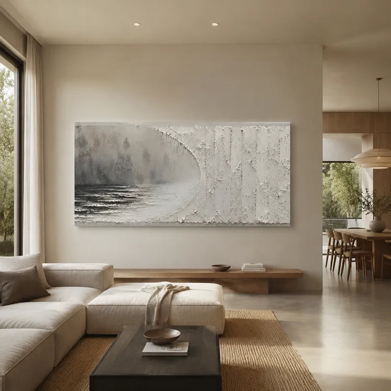 Peinture à l'huile de paysages, de marines et de paysages urbains Wabi-Sabi présentant un paysage atmosphérique, un paysage marin ou une composition inspirée de la ville dans une palette de gris.