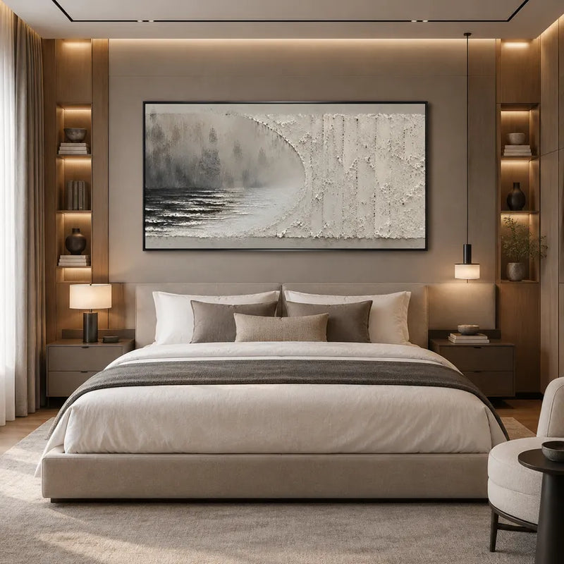 Peinture à l'huile de paysages, de marines et de paysages urbains Wabi-Sabi présentant un paysage atmosphérique, un paysage marin ou une composition inspirée de la ville dans une palette de gris.